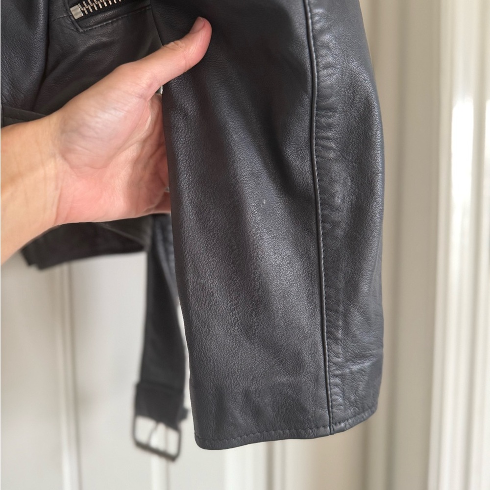 AllSaints Wyatt Biker Leather Jacket in Ink Blue - Picture 7 of 12
